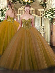 Brown Sleeveless Floor Length Beading Lace Up 15th Birthday Dress