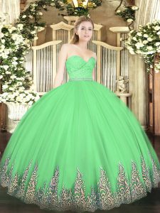 Latest Green Tulle Zipper 15th Birthday Dress Sleeveless Floor Length Beading and Lace and Appliques