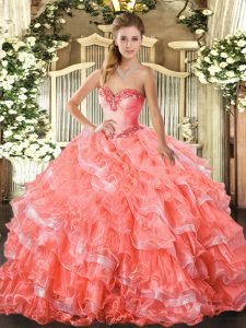 Stylish Watermelon Red Organza Lace Up Sweetheart Sleeveless Floor Length Sweet 16 Dresses Beading and Ruffled Layers