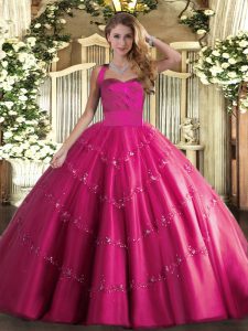 Ball Gowns Sweet 16 Quinceanera Dress Hot Pink Halter Top Tulle Sleeveless Floor Length Lace Up
