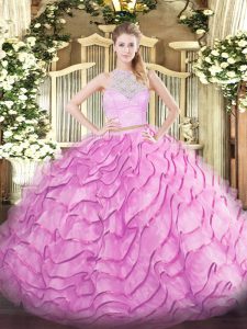 Zipper Ball Gown Prom Dress Rose Pink for Military Ball and Sweet 16 and Quinceanera with Lace and Ruffled Layers Brush Train