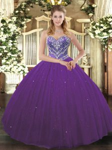 Sexy Sweetheart Sleeveless Tulle Quinceanera Gowns Beading Lace Up
