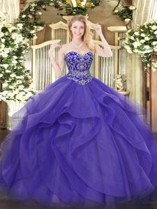 Floor Length Purple Ball Gown Prom Dress Tulle Sleeveless Beading and Ruffles