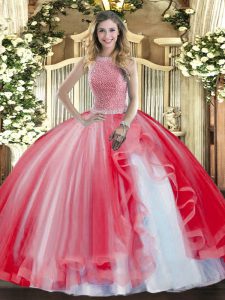 Hot Sale Red Ball Gowns Beading and Ruffles Quinceanera Gown Lace Up Tulle Sleeveless Floor Length
