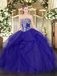 Decent Tulle Strapless Sleeveless Lace Up Beading and Ruffles Sweet 16 Dresses in Blue