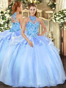 Extravagant Baby Blue Halter Top Lace Up Embroidery Quinceanera Gowns Sleeveless