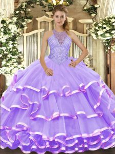Halter Top Sleeveless Organza Quinceanera Dresses Beading and Ruffled Layers Lace Up