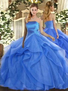 Attractive Blue Ball Gowns Ruffles 15 Quinceanera Dress Lace Up Tulle Sleeveless Floor Length