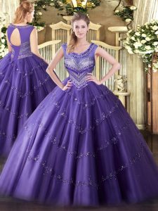 Beading and Appliques Quinceanera Dress Purple Lace Up Sleeveless Floor Length