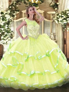 Modest Yellow Green Sleeveless Beading and Ruffled Layers Floor Length Quinceanera Dress