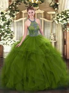 Olive Green Halter Top Neckline Beading and Ruffles Quinceanera Gowns Sleeveless Lace Up