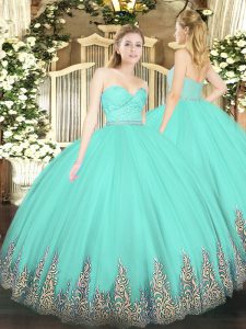 Custom Fit Apple Green Zipper Quince Ball Gowns Beading and Lace and Appliques Sleeveless Floor Length