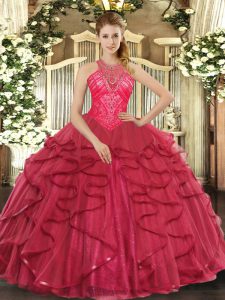 Gorgeous Floor Length Coral Red Quinceanera Dresses Organza Sleeveless Beading and Ruffles