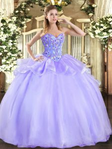 Customized Sleeveless Organza and Tulle Floor Length Lace Up Ball Gown Prom Dress in Lavender with Embroidery