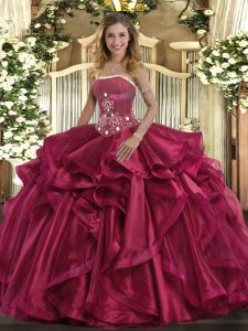 Red Lace Up Strapless Beading and Ruffles Quinceanera Gown Organza Sleeveless