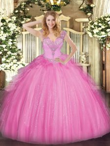 Beauteous Floor Length Rose Pink 15 Quinceanera Dress Tulle Sleeveless Beading