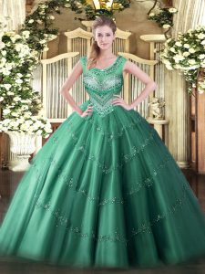 Dark Green Tulle Lace Up Scoop Sleeveless Floor Length Quince Ball Gowns Beading and Appliques