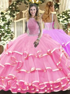 Exceptional Rose Pink Ball Gowns High-neck Sleeveless Organza Floor Length Lace Up Beading and Ruffled Layers Sweet 16 Dress