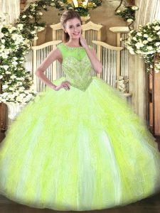 Customized Yellow Green Lace Up Ball Gown Prom Dress Beading and Ruffles Sleeveless Floor Length