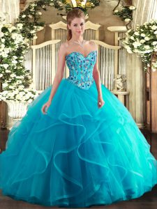 Shining Tulle and Printed Sleeveless Floor Length Sweet 16 Dress and Embroidery and Ruffles