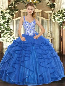 Blue Sleeveless Tulle Lace Up 15 Quinceanera Dress for Sweet 16 and Quinceanera