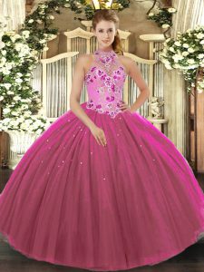 Sophisticated Tulle Halter Top Sleeveless Lace Up Embroidery Quinceanera Dress in Fuchsia