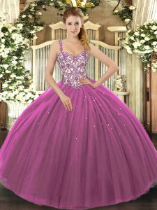 Vintage Ball Gowns Quinceanera Dress Purple Straps Tulle Sleeveless Floor Length Lace Up