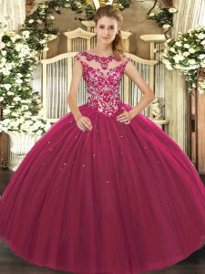 Tulle Scoop Cap Sleeves Lace Up Beading and Appliques Military Ball Gowns in Fuchsia