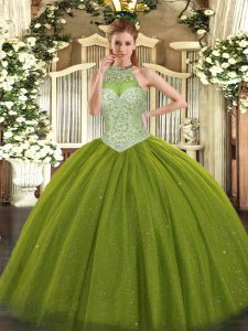 Lovely Halter Top Sleeveless Tulle Quince Ball Gowns Beading Lace Up