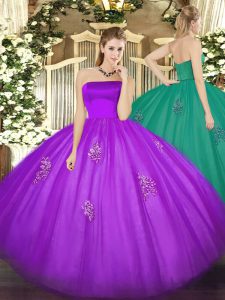 Eggplant Purple Ball Gowns Tulle Strapless Sleeveless Appliques Floor Length Zipper Quinceanera Dresses