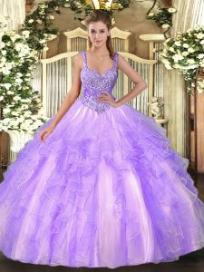 Beading and Ruffles 15 Quinceanera Dress Lavender Lace Up Sleeveless Floor Length