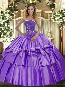 Suitable Lavender Ball Gowns Strapless Sleeveless Organza and Taffeta Floor Length Lace Up Beading and Ruffled Layers Quinceanera Gowns