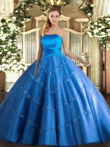Elegant Floor Length Lace Up Quinceanera Dresses Blue for Military Ball and Sweet 16 and Quinceanera with Appliques