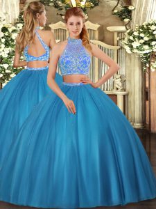 Teal Two Pieces Halter Top Sleeveless Tulle Floor Length Criss Cross Beading Ball Gown Prom Dress