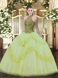 Admirable Light Yellow Lace Up Halter Top Beading and Appliques Quince Ball Gowns Tulle Sleeveless