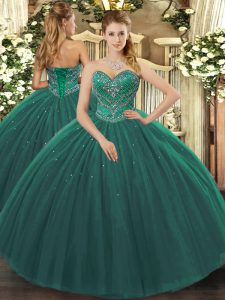 Beading Quince Ball Gowns Dark Green Lace Up Sleeveless Floor Length