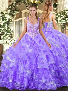 Floor Length Lavender Military Ball Dresses For Women Organza Sleeveless Beading and Ruffled Layers