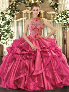 Organza Halter Top Sleeveless Lace Up Beading and Embroidery and Ruffles 15th Birthday Dress in Hot Pink