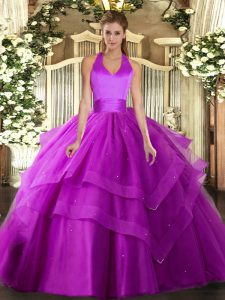 Flirting Halter Top Sleeveless Tulle Ball Gown Prom Dress Ruffled Layers Lace Up