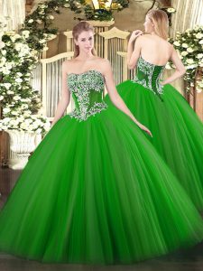Green Ball Gowns Beading 15 Quinceanera Dress Lace Up Tulle Sleeveless Floor Length