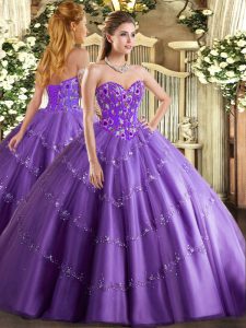 Lavender Ball Gowns Sweetheart Sleeveless Tulle Floor Length Lace Up Appliques and Embroidery Vestidos de Quinceanera