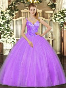 Lavender Ball Gowns Beading Quinceanera Dresses Lace Up Tulle Sleeveless Floor Length