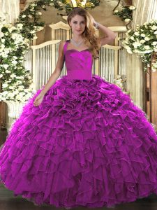 Fuchsia Ball Gowns Ruffles Quinceanera Dresses Lace Up Organza Sleeveless Floor Length