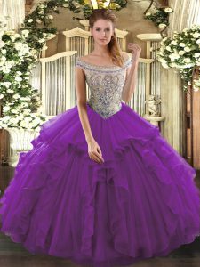 Off The Shoulder Sleeveless Tulle 15 Quinceanera Dress Beading and Ruffles Lace Up