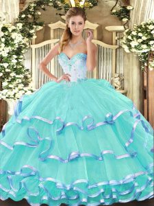 Glamorous Floor Length Ball Gowns Sleeveless Turquoise Military Ball Dresses Lace Up