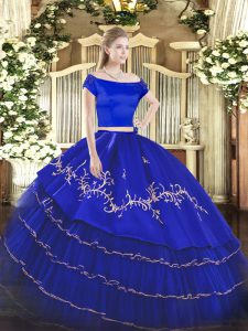 Royal Blue Two Pieces Organza and Taffeta Off The Shoulder Short Sleeves Embroidery and Ruffled Layers Floor Length Zipper Quinceanera Dress