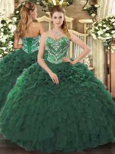 Trendy Dark Green Sleeveless Floor Length Beading and Ruffled Layers Lace Up Sweet 16 Dresses