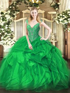 Pretty Ball Gowns Vestidos de Quinceanera Green V-neck Organza Sleeveless Floor Length Lace Up