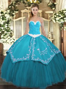 Luxurious Floor Length Lace Up Sweet 16 Dress Teal for Military Ball and Sweet 16 and Quinceanera with Appliques and Embroidery