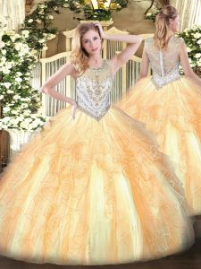 Beautiful Gold Ball Gowns Tulle Scoop Sleeveless Beading and Ruffles Floor Length Zipper 15 Quinceanera Dress